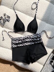 Swim Vcay Women's Triangle Cup Halter Neck Printed High Waist Bikini Set - Black - View 4