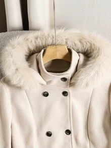 SHEIN Áo khoác dáng dài có mũ cho bé gái tuổi teen, phối patchwork lông giả, tay dài, hai hàng cúc, mùa thu/đông - Màu be - Xem 9