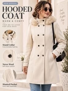 SHEIN Áo khoác dáng dài có mũ cho bé gái tuổi teen, phối patchwork lông giả, tay dài, hai hàng cúc, mùa thu/đông - Màu be - Xem 1