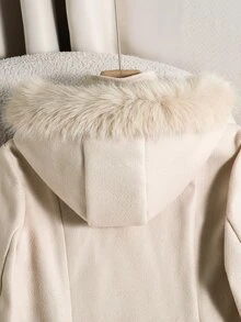 SHEIN Áo khoác dáng dài có mũ cho bé gái tuổi teen, phối patchwork lông giả, tay dài, hai hàng cúc, mùa thu/đông - Màu be - Xem 6