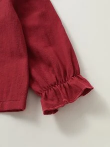 SHEIN Perso Play 1pc Toddler Girl Blouse Top Sweet Red Floral Embroidery Bow Ruffle Smocked Long Sleeve Peter Pan Collar Party Fall Holiday Princess Birthday - Red - View 5