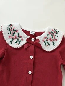 SHEIN Perso Play 1pc Toddler Girl Blouse Top Sweet Red Floral Embroidery Bow Ruffle Smocked Long Sleeve Peter Pan Collar Party Fall Holiday Princess Birthday - Red - View 4