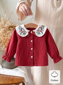 SHEIN Perso Play 1pc Toddler Girl Blouse Top Sweet Red Floral Embroidery Bow Ruffle Smocked Long Sleeve Peter Pan Collar Party Fall Holiday Princess Birthday - Red - View 9