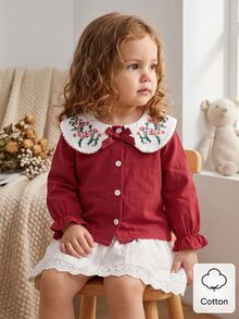 SHEIN Perso Play 1pc Toddler Girl Blouse Top Sweet Red Floral Embroidery Bow Ruffle Smocked Long Sleeve Peter Pan Collar Party Fall Holiday Princess Birthday - Red - View 2
