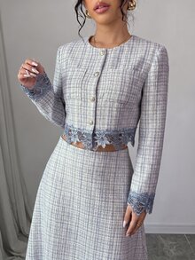 Modelyn جاكيت نسائي بأكمام طويلة بتصميم دانتيل مرقع ومربعات رمادية أنيق فرنسي متعدد الاستخدامات للمكتب في فصل الخريف - الأزرق - مشاهدة 8