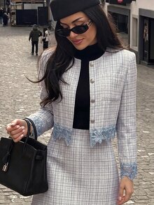 Modelyn جاكيت نسائي بأكمام طويلة بتصميم دانتيل مرقع ومربعات رمادية أنيق فرنسي متعدد الاستخدامات للمكتب في فصل الخريف - الأزرق - مشاهدة 5