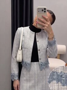 Modelyn جاكيت نسائي بأكمام طويلة بتصميم دانتيل مرقع ومربعات رمادية أنيق فرنسي متعدد الاستخدامات للمكتب في فصل الخريف - الأزرق - مشاهدة 4