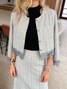 Modelyn جاكيت نسائي بأكمام طويلة بتصميم دانتيل مرقع ومربعات رمادية أنيق فرنسي متعدد الاستخدامات للمكتب في فصل الخريف - الأزرق - مشاهدة 3