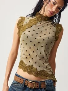 Bohemela Áo tank top nữ dệt kim phong cách thường ngày phối ren tương phản - màu xanh lá - Xem 2