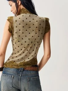 Bohemela Áo tank top nữ dệt kim phong cách thường ngày phối ren tương phản - màu xanh lá - Xem 7