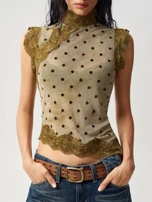 Bohemela Áo tank top nữ dệt kim phong cách thường ngày phối ren tương phản - màu xanh lá - Xem 6
