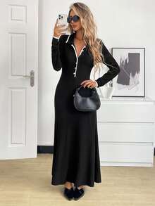 Elyressa Women's Front Button Long Sleeve Dress - Black - View 4