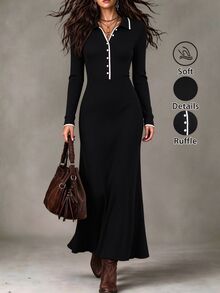 Elyressa Women's Front Button Long Sleeve Dress - Black - View 1
