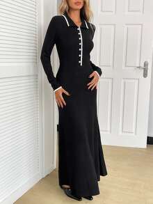 Elyressa Women's Front Button Long Sleeve Dress - Black - View 5