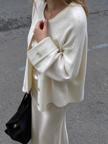 TaskSense Women's Solid Color Dropped Shoulder Long Sleeve Single-Breasted Knit Cardigan - Beige - View 6