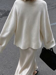 TaskSense Women's Solid Color Dropped Shoulder Long Sleeve Single-Breasted Knit Cardigan - Beige - View 2