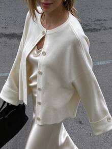 TaskSense Women's Solid Color Dropped Shoulder Long Sleeve Single-Breasted Knit Cardigan - Beige - View 4