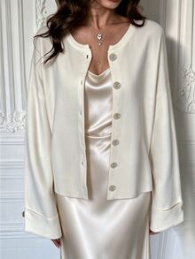 TaskSense Women's Solid Color Dropped Shoulder Long Sleeve Single-Breasted Knit Cardigan - Beige - View 7