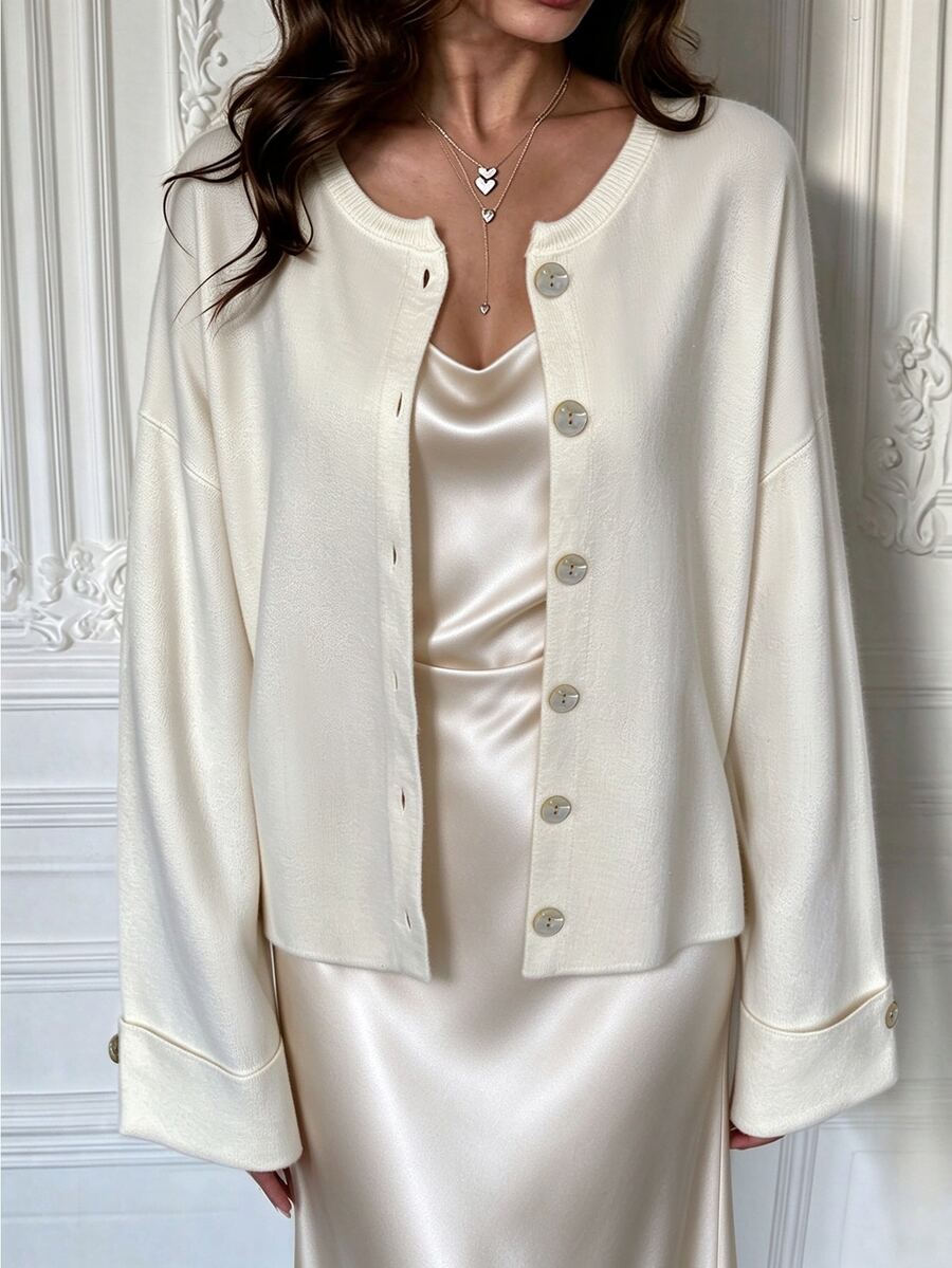 TaskSense Women's Solid Color Dropped Shoulder Long Sleeve Single-Breasted Knit Cardigan - Beige - View 1