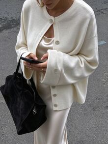 TaskSense Women's Solid Color Dropped Shoulder Long Sleeve Single-Breasted Knit Cardigan - Beige - View 5