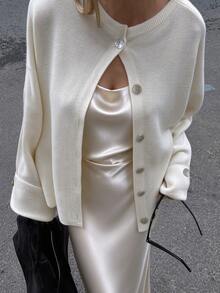 TaskSense Women's Solid Color Dropped Shoulder Long Sleeve Single-Breasted Knit Cardigan - Beige - View 3