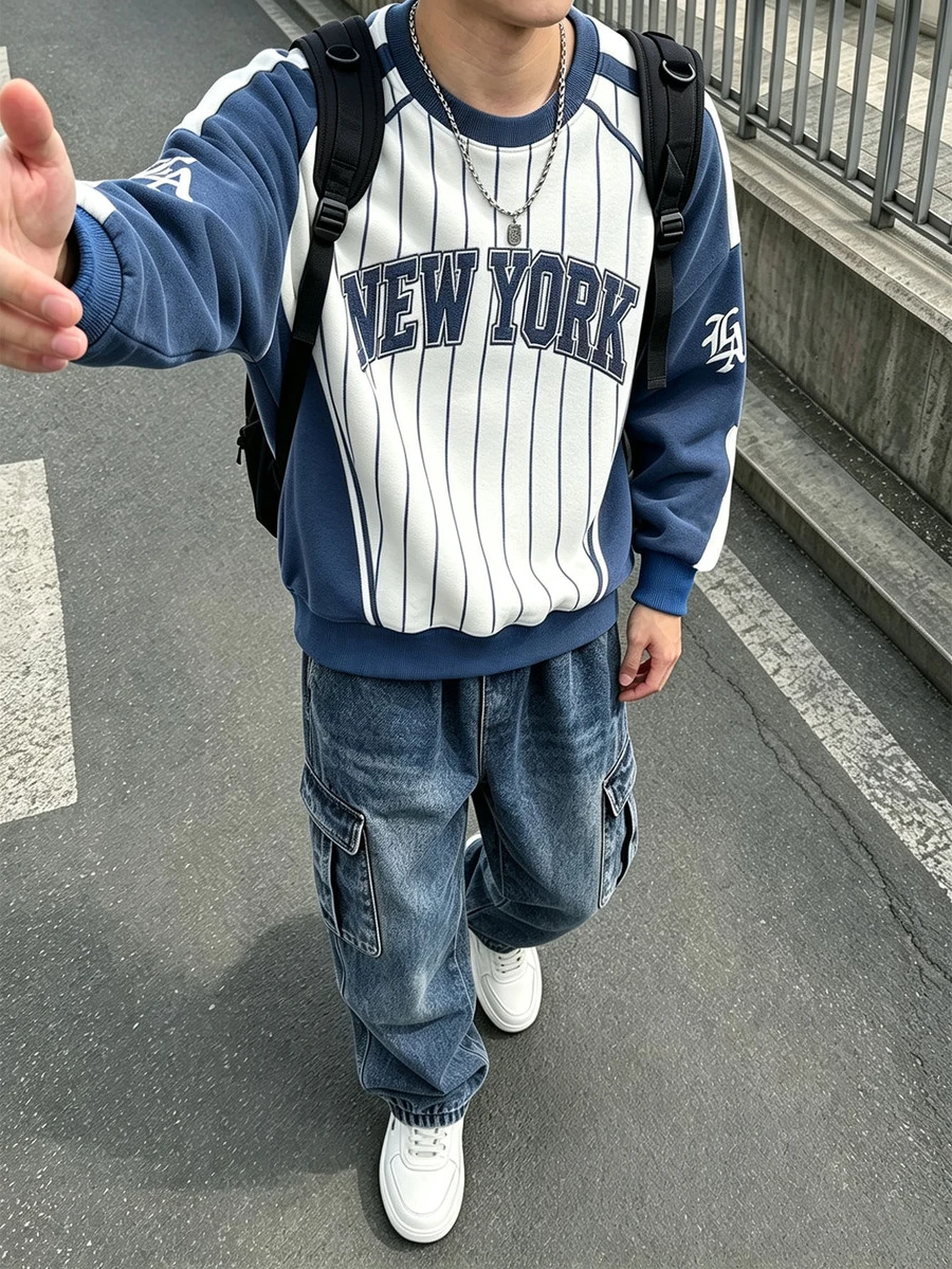 大童男童 2 件套套裝,街頭與校園風,抓絨內裡條紋印花上衣搭配非丹寧大口袋工裝慢跑長褲,適合秋冬 - 彩色 - 查看 1
