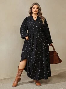 SHEIN CURVE+ Đầm mùa hè nữ size lớn cổ chữ V nhún bèo phong cách thường ngày dự tiệc - màu đen - Xem 6