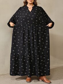 SHEIN CURVE+ Đầm mùa hè nữ size lớn cổ chữ V nhún bèo phong cách thường ngày dự tiệc - màu đen - Xem 3