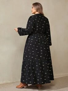 SHEIN CURVE+ Đầm mùa hè nữ size lớn cổ chữ V nhún bèo phong cách thường ngày dự tiệc - màu đen - Xem 2
