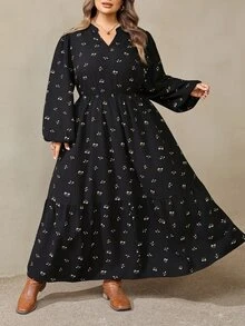 SHEIN CURVE+ Đầm mùa hè nữ size lớn cổ chữ V nhún bèo phong cách thường ngày dự tiệc - màu đen - Xem 5