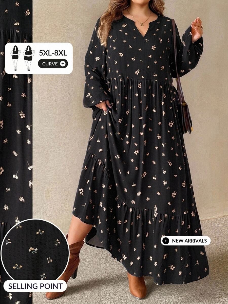 SHEIN CURVE+ Đầm mùa hè nữ size lớn cổ chữ V nhún bèo phong cách thường ngày dự tiệc - màu đen - Xem 1