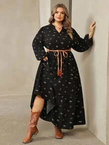 SHEIN CURVE+ Đầm mùa hè nữ size lớn cổ chữ V nhún bèo phong cách thường ngày dự tiệc - màu đen - Xem 8