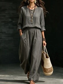 SHEIN PETITE Vintage Slouchy Loose Long Sleeve Top & Wide Leg Pants 2pcs Set - Grey - View 6