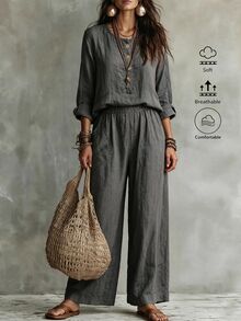 SHEIN PETITE Vintage Slouchy Loose Long Sleeve Top & Wide Leg Pants 2pcs Set - Grey - View 5