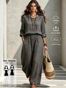 SHEIN PETITE Vintage Slouchy Loose Long Sleeve Top & Wide Leg Pants 2pcs Set - Grey - View 1