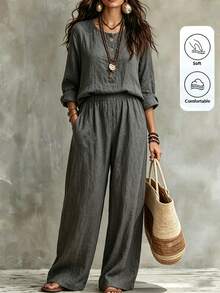 SHEIN PETITE Vintage Slouchy Loose Long Sleeve Top & Wide Leg Pants 2pcs Set - Grey - View 7