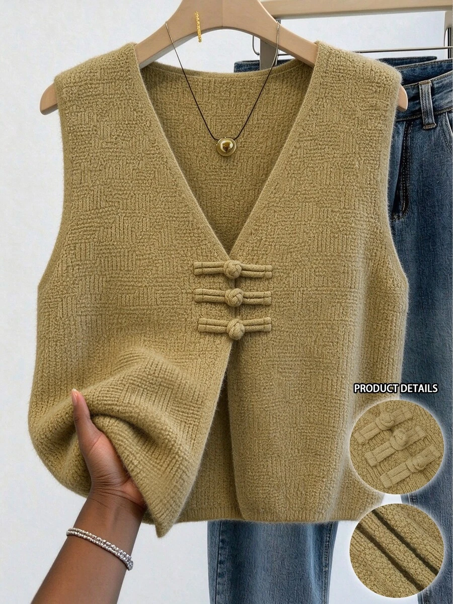 Linhara Plus Size Women's Spring/Autumn Casual 1950s Vintage Matching Chinese Frog Button V-Neck Loose Knit Vest Fall Family Party Evening Camel - Yellow - View 1