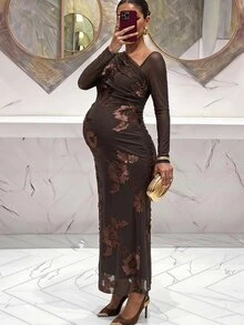 MaterniChic Maternity Jacquard Casual Party Dress Fall - Coffee Brown - View 2