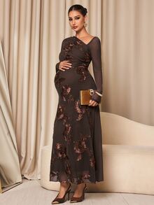 MaterniChic Maternity Jacquard Casual Party Dress Fall - Coffee Brown - View 8