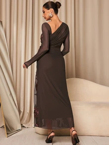 MaterniChic Maternity Jacquard Casual Party Dress Fall - Coffee Brown - View 7