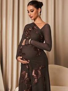 MaterniChic Maternity Jacquard Casual Party Dress Fall - Coffee Brown - View 5