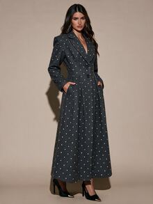 SHEIN BAE Women's Polka Dot Pattern Lapel Neck Long Sleeve Single-Breasted Pleated Design Overcoat - Grey - View 9