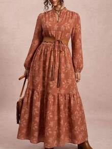 Freevana Plus Size Women's Autumn/Winter Vintage Boho Floral Print Ruffle Hem Elegant Dress Fall Thanksgiving Vacation Brown Travel - Orange - View 8
