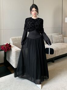 Modelyn فستان سهرة أنيق بتصميم كيب مع أكتاف مكشكشة وخصر مشدود وأكمام طويلة واسعة، أسود، مناسب للحفلات والعشاء والهالوين وفصل الخريف - الأسود - مشاهدة 6