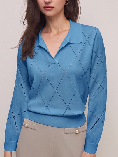 BizChic Burgundy Women's Sweater Spring Polo Collar Turn-Down Collar Diamond Grid Knit Crochet Long Sleeve Elegant Minimalist Casual Commute Date Daily Vacation Independence Day Graduation Season Music Festival Slimming Elegant Versatile High-End Summer Social Holiday Party Outing Beach Office French Vintage Fresh