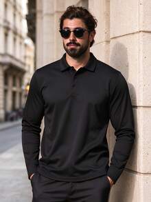 Manfinity Homme Camisa Polo Casual de Manga Larga con Botones Delanteros de unicolor para Hombre Talla Grande, para Salir, para Otoño, Formal - Negro - Ver 4