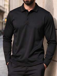Manfinity Homme Camisa Polo Casual de Manga Larga con Botones Delanteros de unicolor para Hombre Talla Grande, para Salir, para Otoño, Formal - Negro - Ver 1