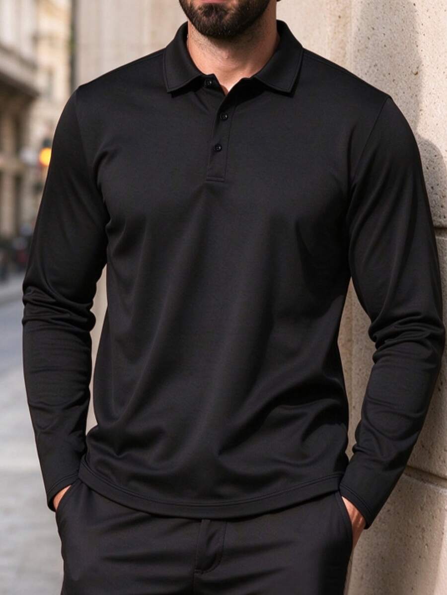 Manfinity Homme Camisa Polo Casual de Manga Larga con Botones Delanteros de unicolor para Hombre Talla Grande, para Salir, para Otoño, Formal - Negro - Ver 1