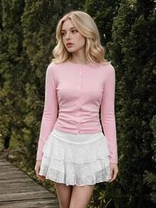 SHEIN MOD 女款素色休閒浪漫百搭日常長袖開襟衫，秋季上衣，上班約會穿搭，外出百搭淺粉色 - 粉色 - 查看 5