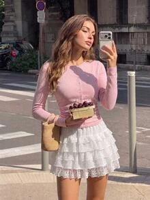 SHEIN MOD 女款素色休閒浪漫百搭日常長袖開襟衫，秋季上衣，上班約會穿搭，外出百搭淺粉色 - 粉色 - 查看 8